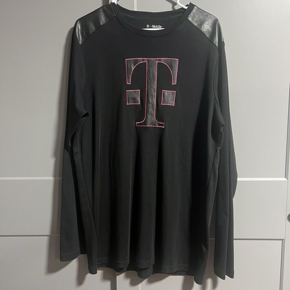 T-Mobile Long Sleeve Faux Leather Shoulder Logo T-Shirt Black Large